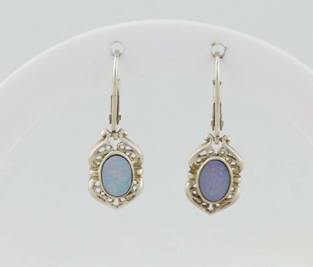 Sterling Silver Blue Opal Earrings Dangle Drop 1" x 1/4"